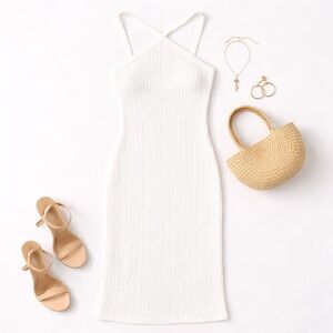 Zara White Halter Dress Size M Cable Knit Bridal Cross Neck NWT